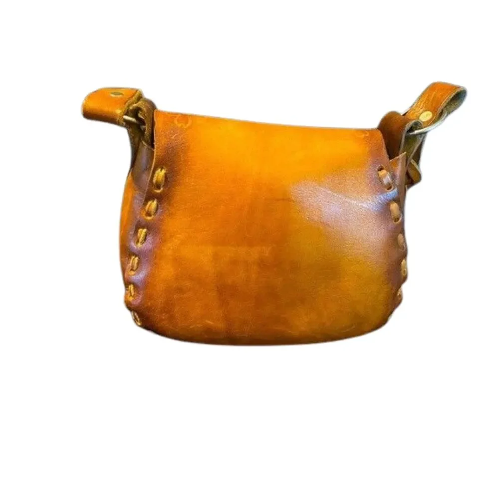 Hippie Boho 1970s Tooled Cowhide Leather Shoulder Bag Purse Wood Stick Clasp